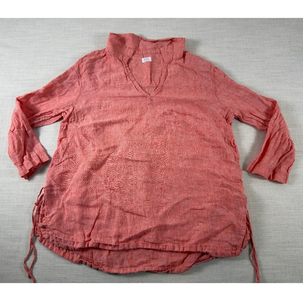 Sigrid Olsen Coral Pink 100% Linen Tunic Top Split Neck Drawstring Side Small
